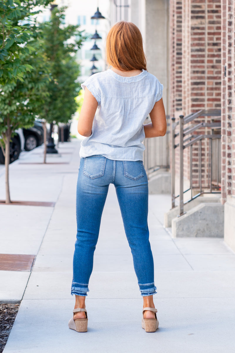 KanCan Jeans Color: Medium Blue Cut: Skinny, 27" Inseam* Rise: High-Rise, 10" Front Rise* COTTON 94% POLYESTER 5% SPANDEX 1% Stitching: Classic Fly: Zipper Style #: KC9256M Contact us for any additional measurements or sizing.  *Measured on the smallest size, measurements may vary by size.