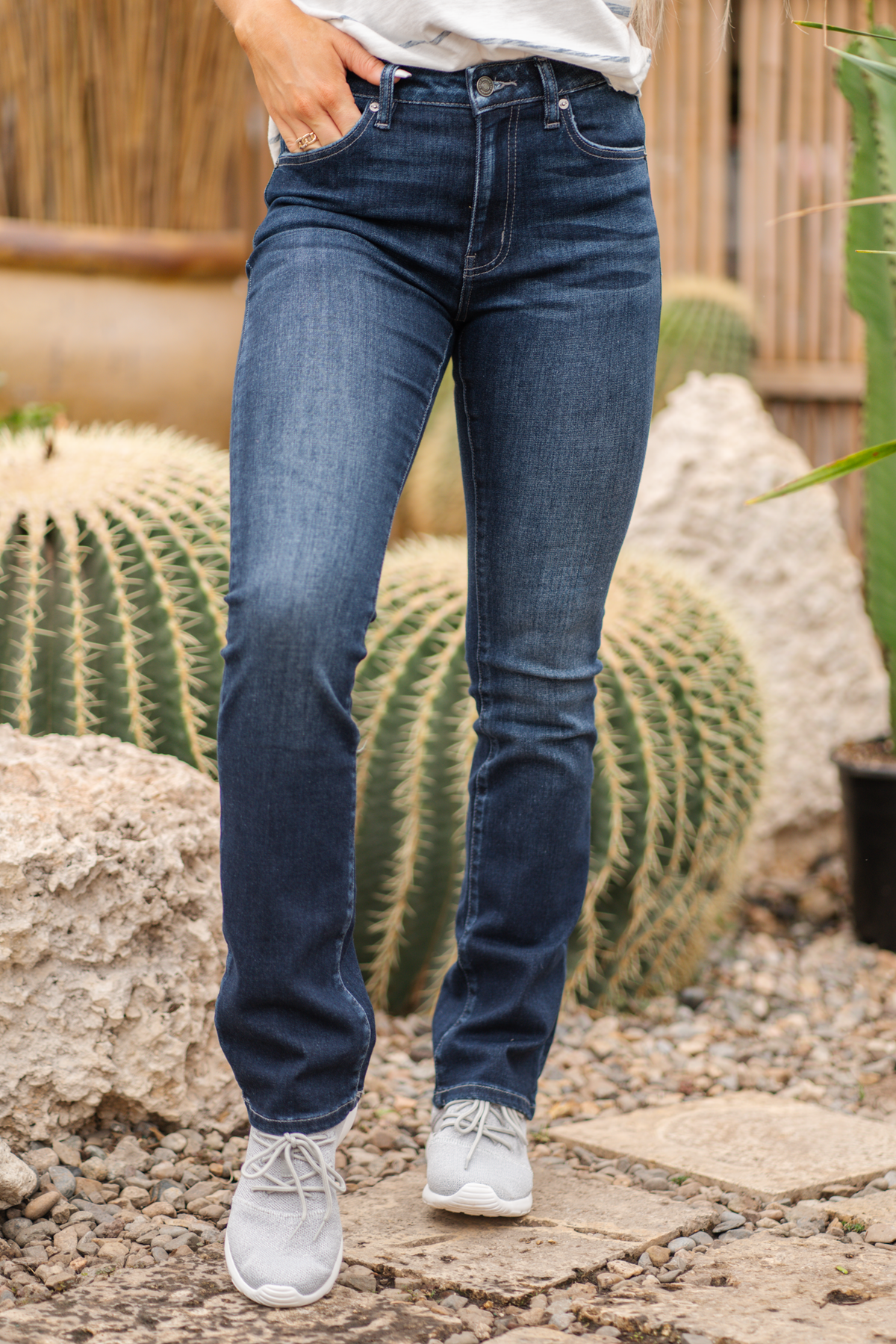 KanCan Jeans  KanCan Stretch Level: Stretchy  Color: Dark Blue Cut: Boot Cut, 32" Inseam* Rise: High-Rise, 10" Front Rise* 68% COTTON, 30% POLYESTER, 2%SPANDEX Stitching: Classic  Fly: Zipper Style #: KC8683D  Contact us for any additional measurements or sizing.  *Measured on the smallest size, measurements may vary by size.