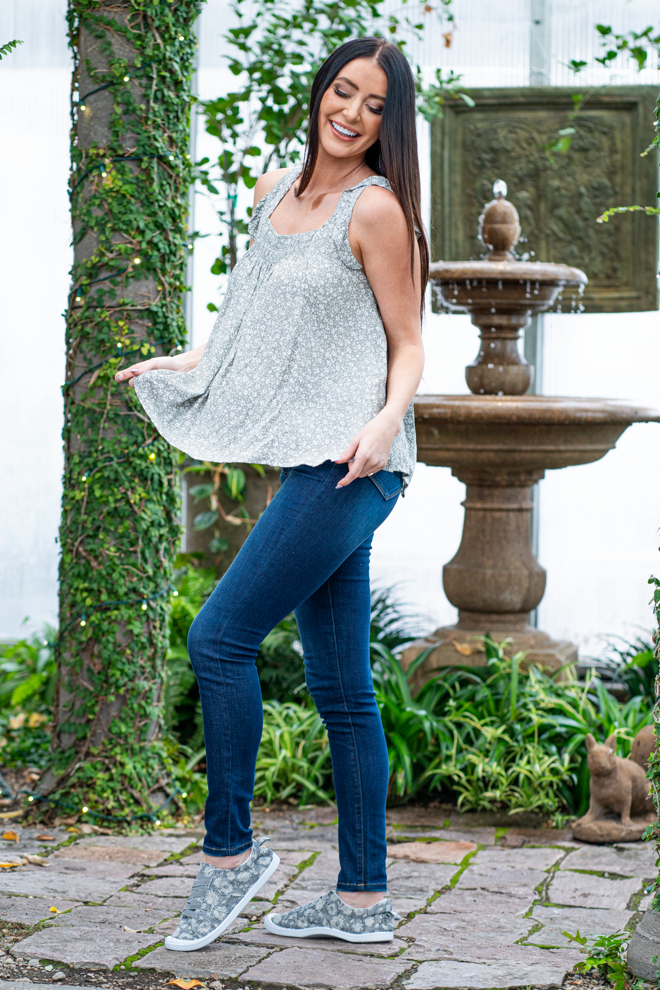 Ces Femme  Color: Olive Floral Print Fabric  Square Neckline Short Flutter Sleeved 100% Rayon Style #: TH10526PF-Olive Contact us for any additional measurements or sizing.