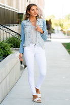 KanCan Jeans  Collection: Summer 2021 Color: Light Blue Wash Cut: Fitted Style Denim Jacket with Princess Sleeves Ripped & Distressed with Fray Hem 22.75" Length Material: 100% Cotton Stitching: Classic Style #: KC6344L Contact us for any additional measurements or sizing.