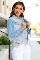 KanCan Jeans  Collection: Summer 2021 Color: Light Blue Wash Cut: Fitted Style Denim Jacket with Princess Sleeves Ripped & Distressed with Fray Hem 22.75" Length Material: 100% Cotton Stitching: Classic Style #: KC6344L Contact us for any additional measurements or sizing.