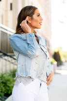 KanCan Jeans  Collection: Summer 2021 Color: Light Blue Wash Cut: Fitted Style Denim Jacket with Princess Sleeves Ripped & Distressed with Fray Hem 22.75" Length Material: 100% Cotton Stitching: Classic Style #: KC6344L Contact us for any additional measurements or sizing.