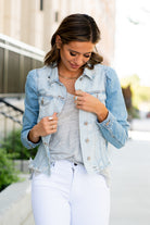 KanCan Jeans  Collection: Summer 2021 Color: Light Blue Wash Cut: Fitted Style Denim Jacket with Princess Sleeves Ripped & Distressed with Fray Hem 22.75" Length Material: 100% Cotton Stitching: Classic Style #: KC6344L Contact us for any additional measurements or sizing.