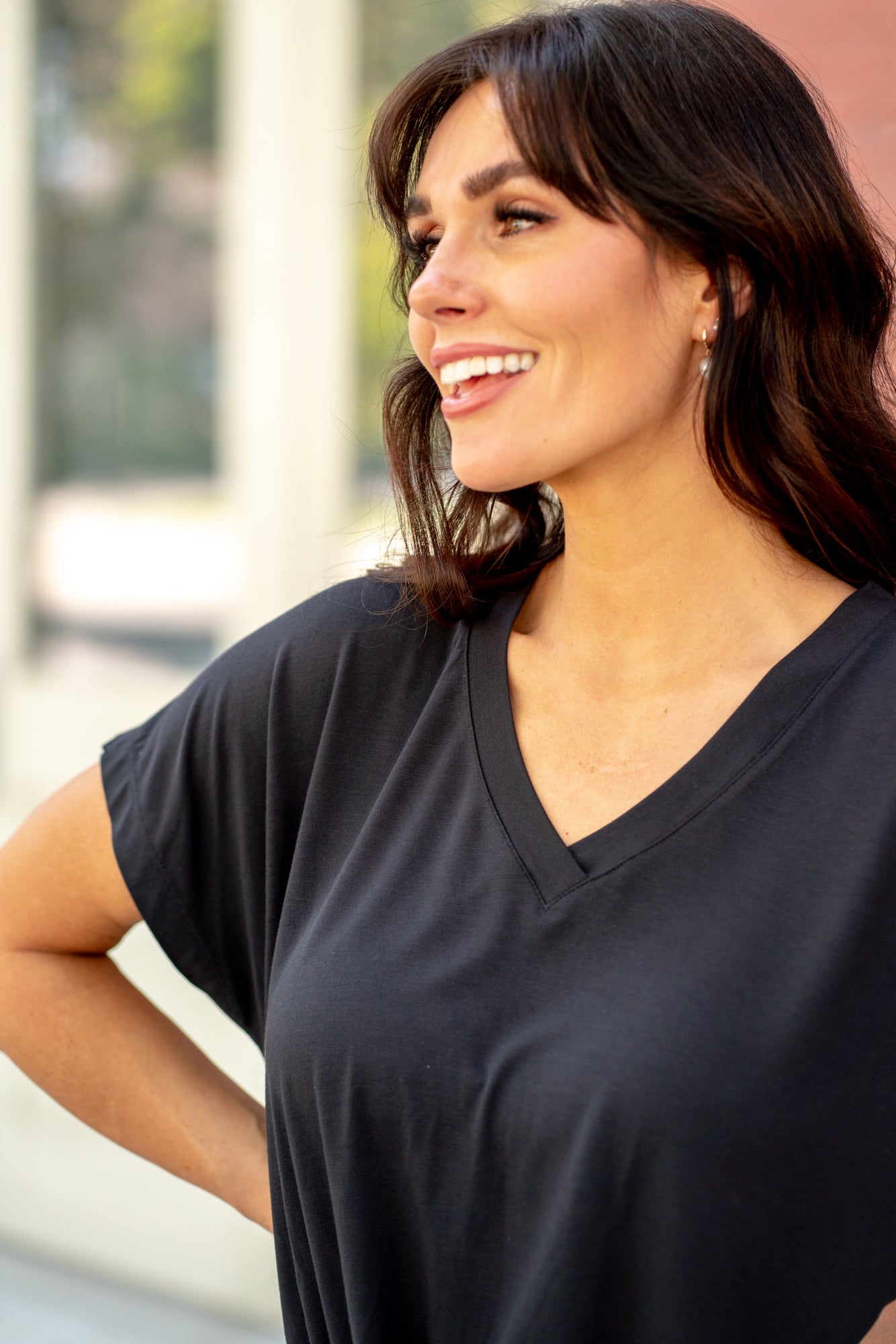Thread & Supply  This classic V-neck tee is a forever favorite you'll be asking for in every color. Designed in a light and airy silhouette, and our signature soft fabric, this top is bound to keep you cool this season  Color: Graphite Neckline: V-Neck Sleeve: Short Sleeve 89% Polyester 11% Spandex Style #: T1502LZMTS-GY021 Contact us for any additional measurements or sizing. 