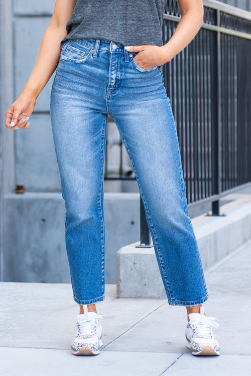 Denim by Zenana   Color: : Medium Blue Wash  Cut: Straight Fit, 27" Inseam*   Rise: High-Rise, 11.75" Front Rise* 100% Cotton Fly: Zip Fly  Style #: DPP-1755MM Contact us for any additional measurements or sizing.   *Measured on the smallest size, measurements may vary by size. 