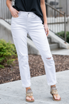 Judy Blue  Tired of your skinny jeans? These cute boyfriend fits will be your number ones. Pair with your favorite sandals and tee for an easy casual look. Color: White  Cut: Boyfriend fit, 28" Cuffed / 30" Uncuffed Inseam* Mid Rise, 9.75" Front Rise* Material: 60% COTTON,31% RAYON,7% ELASTRELL-POLY,2% SPANDEX Stitching: Classic Fly: Zipper Fly Style #: JB82276-PL | 82276-PL Contact us for any additional measurements or sizing.  *Measured on the smallest size, measurements may vary by size. 