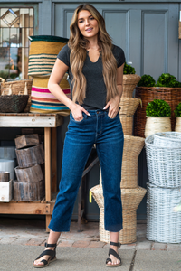 Judy Blue  Don't be afraid to wear high-waisted jeans, especially these straight fits! Loose around your ankles but fitted on your waist, they will be your everyday jeans.   Color: Dark Blue Cut: Cropped Straight, 26" Inseam* Rise: High Rise, 10.75" Front Rise*  Machine Wash Separately In Cold Water Stitching: Classic  Material: 94% COTTON,5% POLYESTER,1% SPANDEX Fly: Zipper Fly Style #: JB88375 , 88375