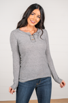 Reborn J  Pair this super soft henley with your favorite denim and booties.  Color: Heather Grey Neckline: Henly Sleeve: Long Sleeve Style #: T5906-RIB14 Contact us for any additional measurements or sizing.