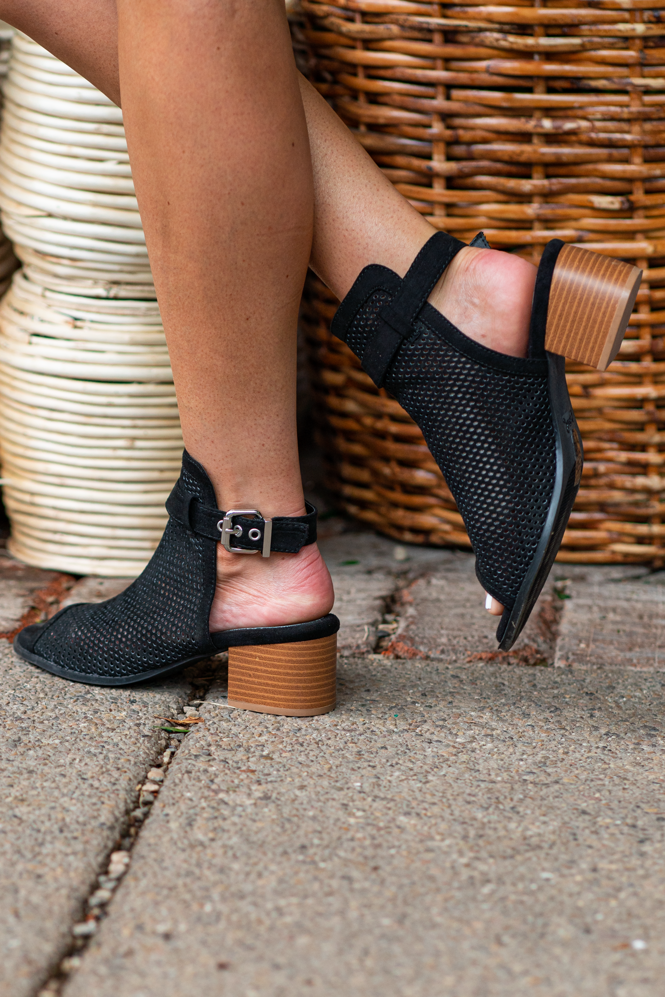 Heeled Sandals by Qupid Style Name: Doria  Color: Black Cut: Strappy Peep Toe with Clasp Back 2" Stacked Heel Material. Outsole: Rubber Upper: Textile/Manmade  Contact us for any additional measurements or sizing.