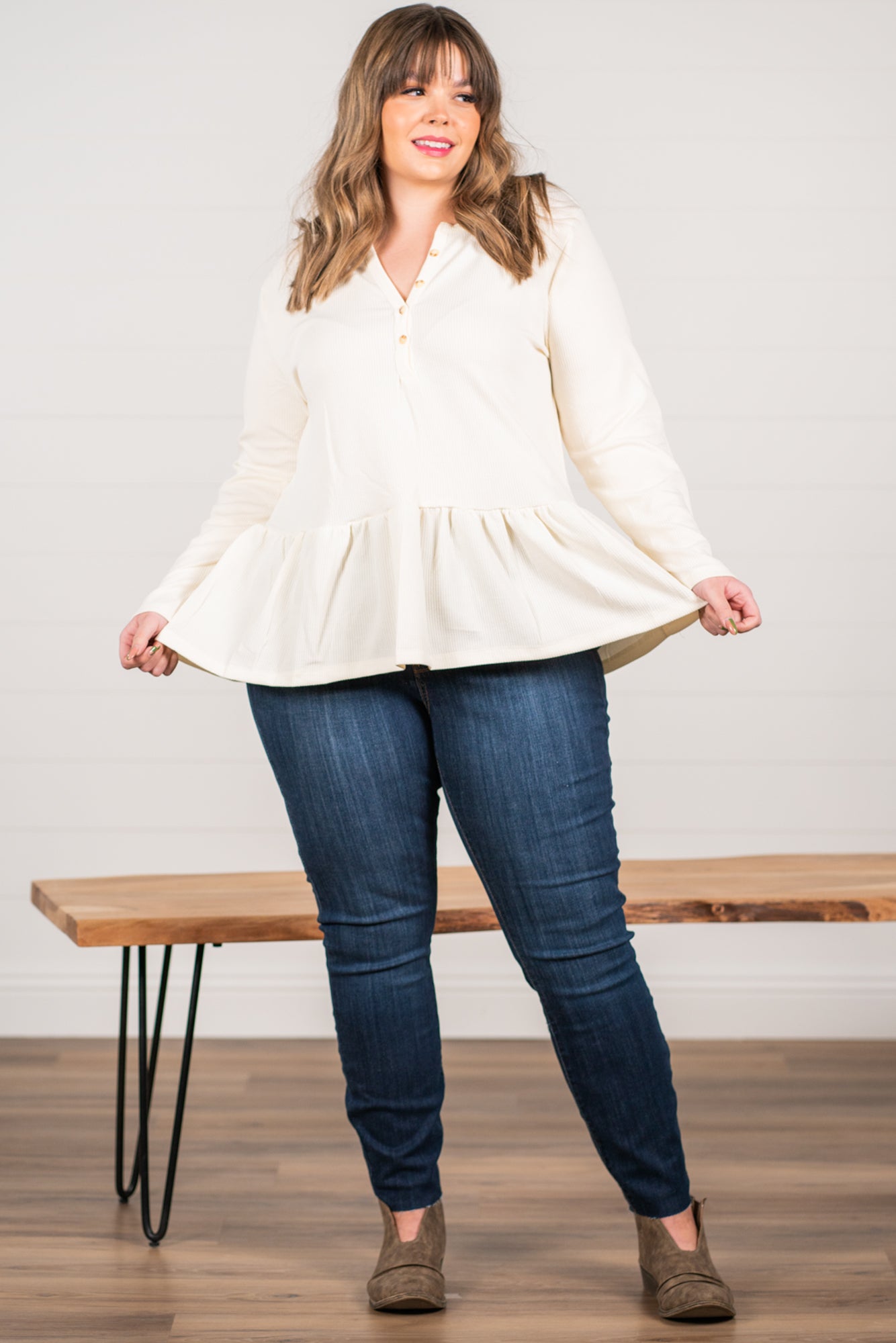 Blu Pepper Color: Ivory Ribbed Knit Long Sleeves Henley Neckline 94% POLYESTER 6% SPANDEX Style #: PCR1253 Contact us for any additional measurements or sizing. 