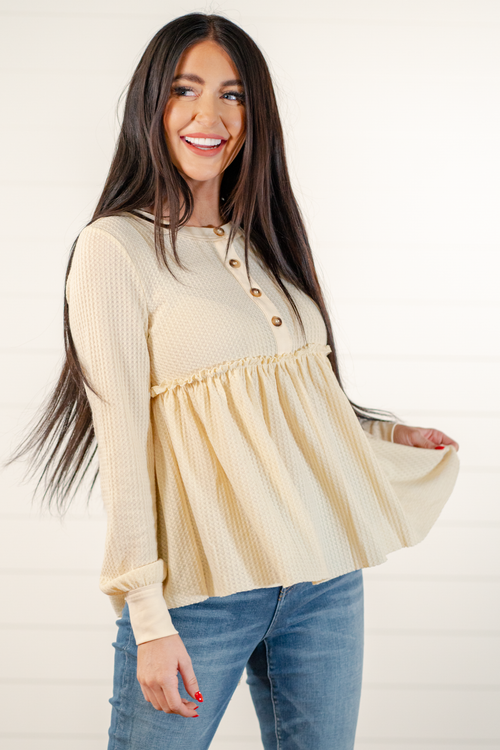 Blu Pepper Color: Oatmeal Long Sleeves Button Neckline Waffle Knit SELF: 97% POLYESTER 3% SPANDEX - CONT: 95% COTTON 5% SPANDEX Style #: BTST1184 Contact us for any additional measurements or sizing.