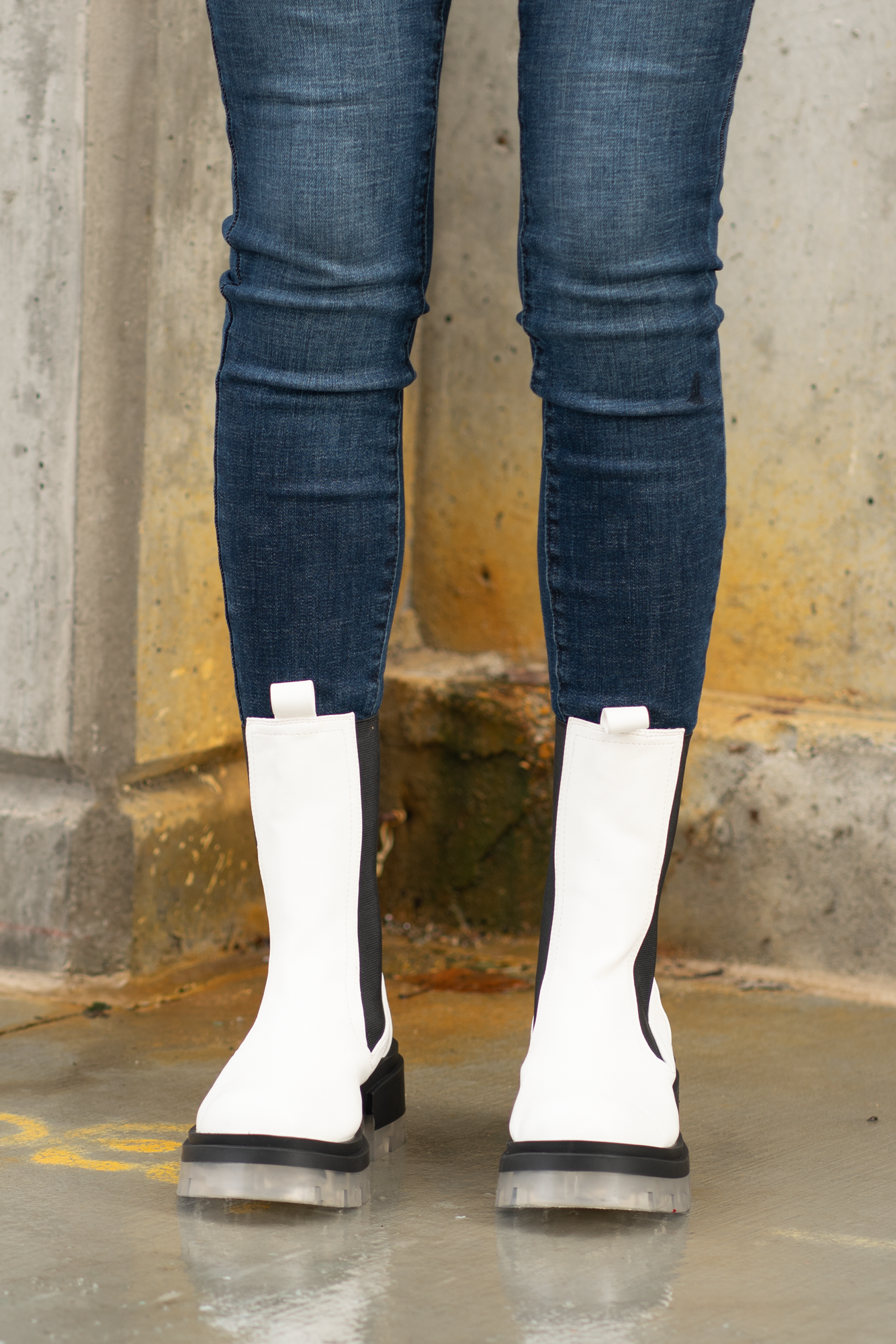 Boots by Qupid Style Name: Outshine Chelsea  Color: White Cut: Pull-On Open Boot 3" Stacked Heel Algae Foam Insole Material. Outsole: Rubber Upper: Textile/Manmade Recycled Material Contact us for any additional measurements or sizing.