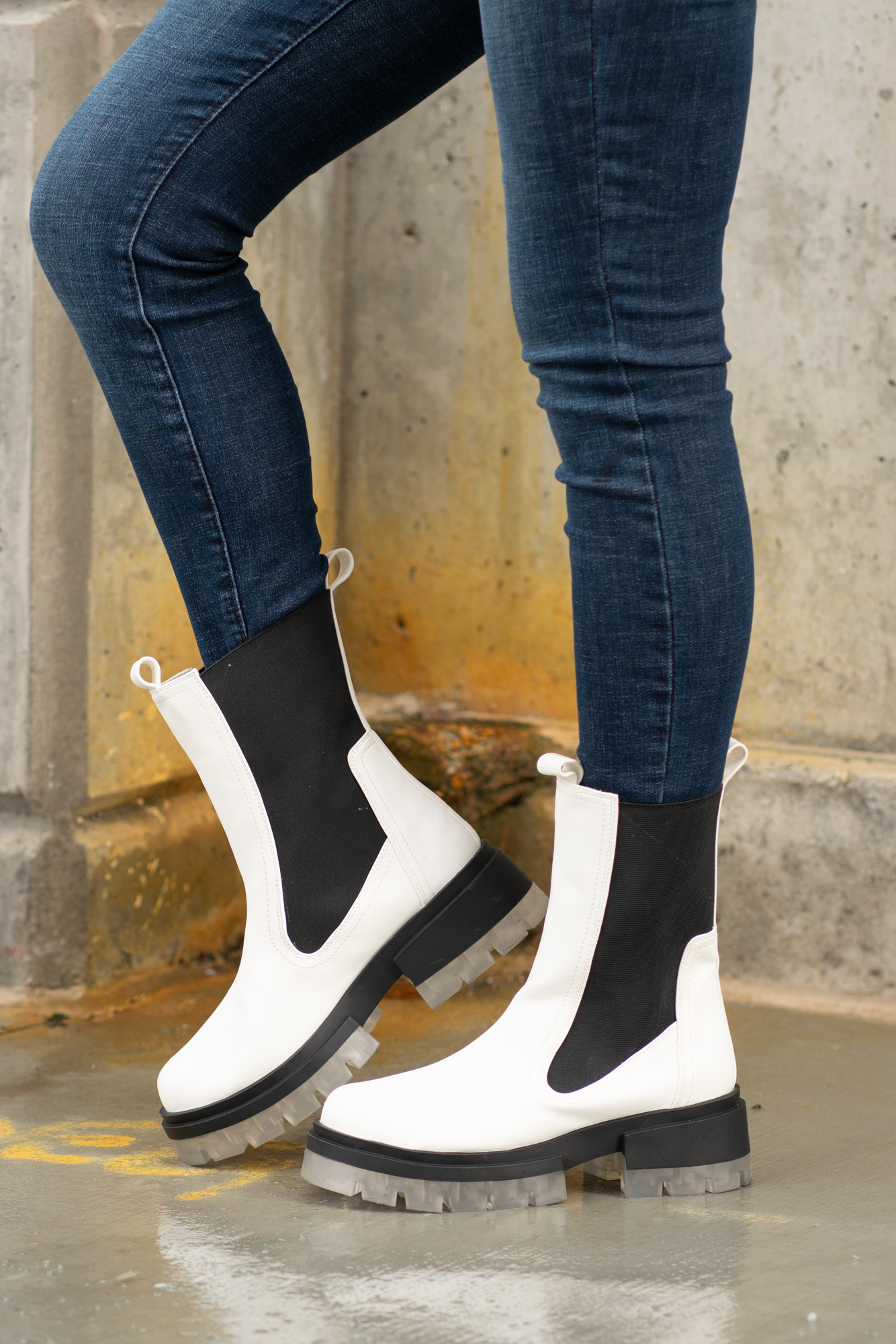 Boots by Qupid Style Name: Outshine Chelsea  Color: White Cut: Pull-On Open Boot 3" Stacked Heel Algae Foam Insole Material. Outsole: Rubber Upper: Textile/Manmade Recycled Material Contact us for any additional measurements or sizing.