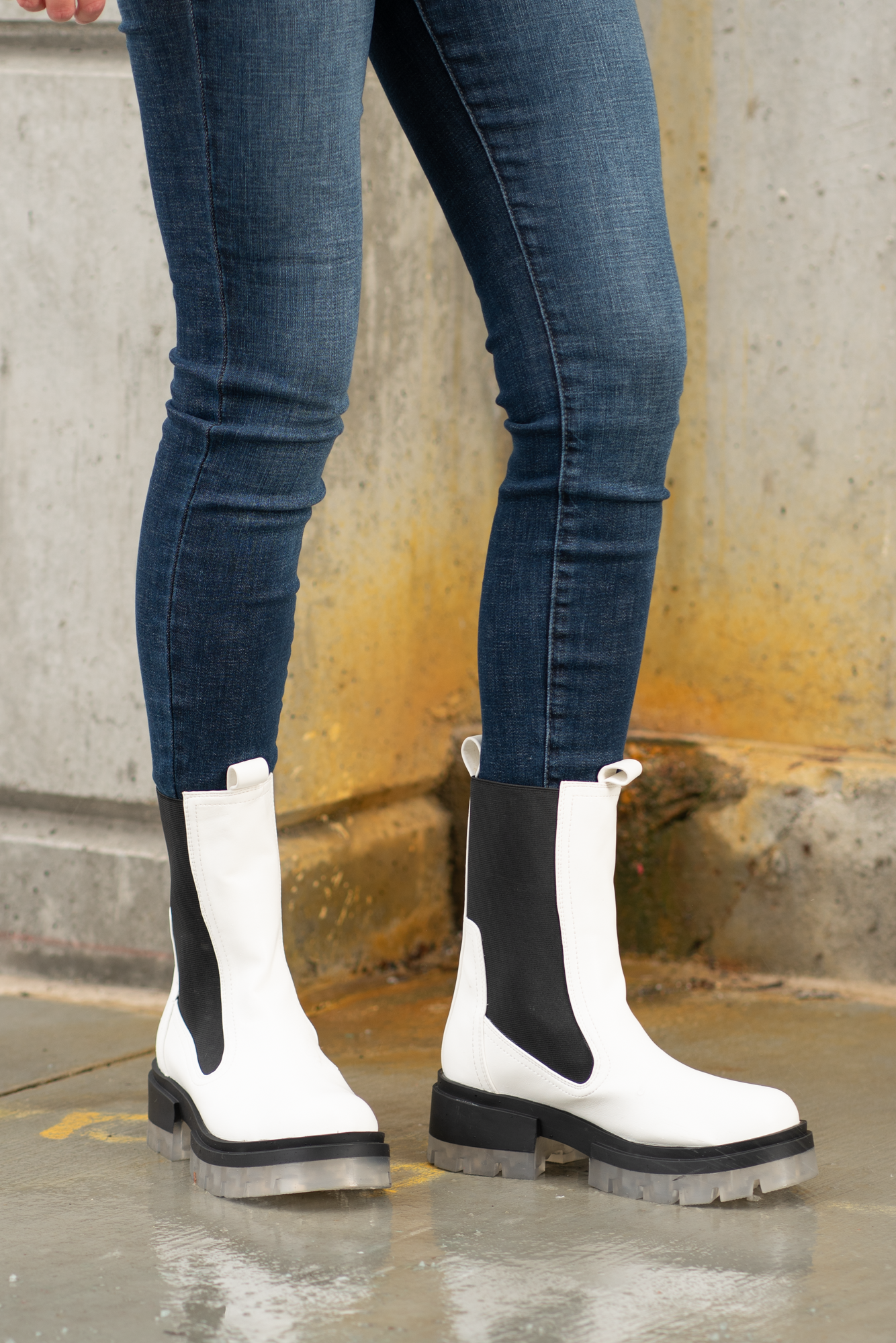Boots by Qupid Style Name: Outshine Chelsea  Color: White Cut: Pull-On Open Boot 3" Stacked Heel Algae Foam Insole Material. Outsole: Rubber Upper: Textile/Manmade Recycled Material Contact us for any additional measurements or sizing.