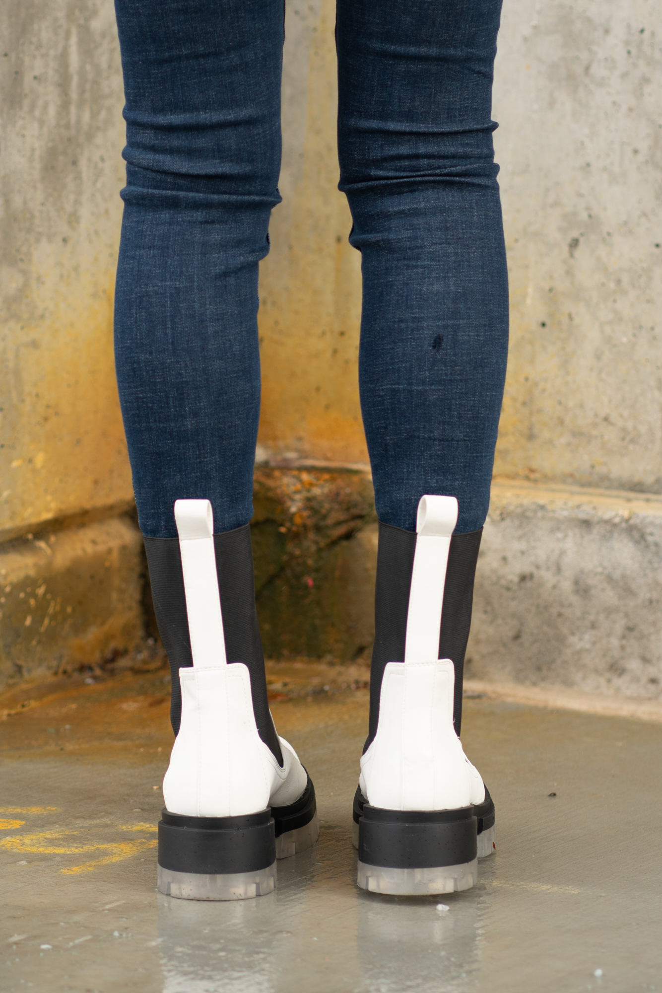 Boots by Qupid Style Name: Outshine Chelsea  Color: White Cut: Pull-On Open Boot 3" Stacked Heel Algae Foam Insole Material. Outsole: Rubber Upper: Textile/Manmade Recycled Material Contact us for any additional measurements or sizing.