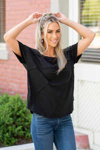 BiBi   Color: Black Neckline: Round Sleeve: Short  Material: Cotton/Spandex Mix Style #: BT1431-05-Black Contact us for any additional measurements or sizing.  