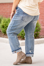 VERVET by Flying Monkey Jeans  These comfort stretch denim have a slouchy fit, distressed detail and relaxed legs. With an ankle length, these boyfriend jeans will be your go to denim this fall.   Rise: High Rise, 12" Front Rise Mom Fit 26" Inseam 90.5% COTTON, 7.5% POLYESTER, 2% SPANDEX Machine Wash Separately In Cold Water Stitching: Classic  Fly: Exposed Button Fly Style #: V2279-PL  Contact us for any additional measurements or sizing. 