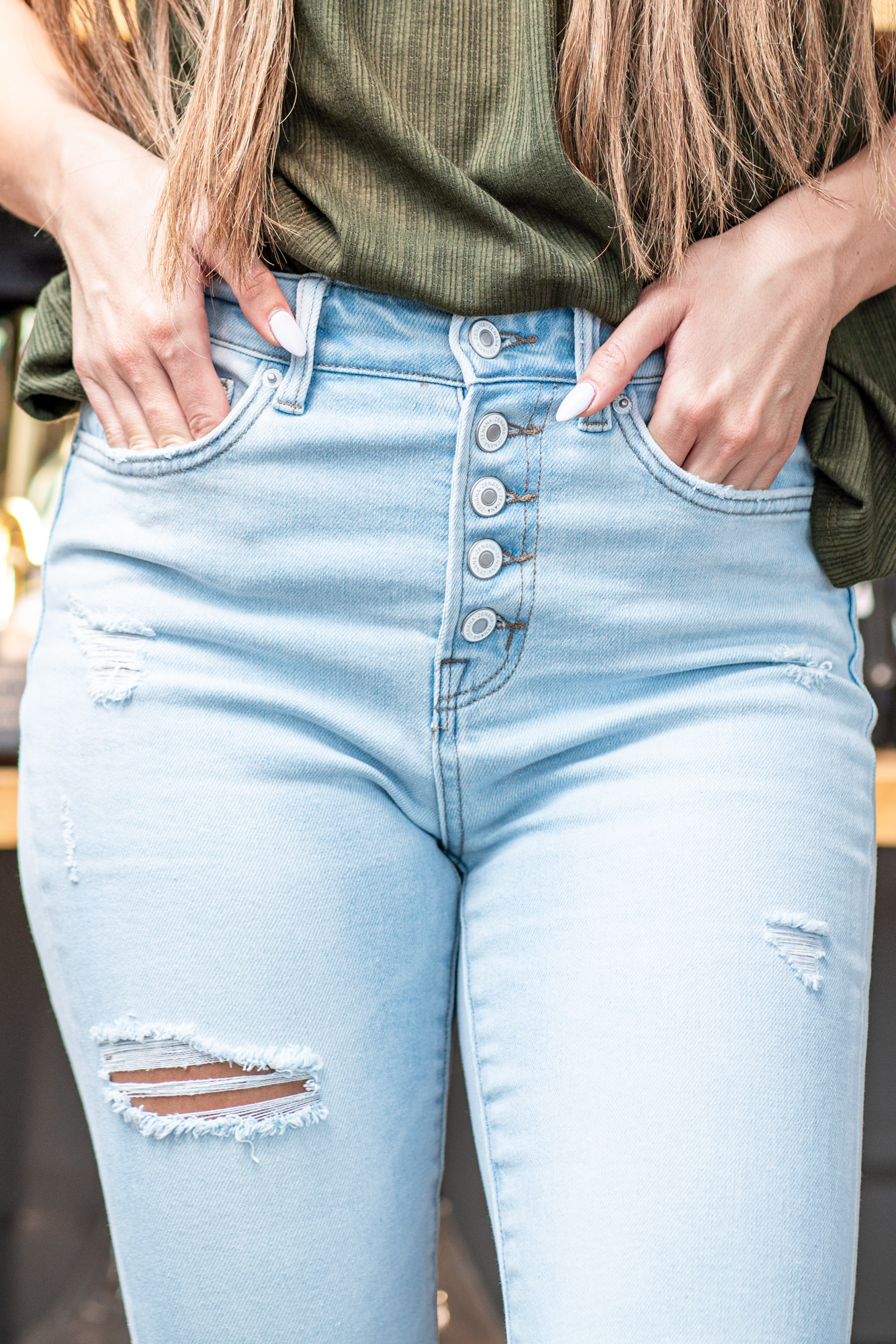 Denim by Zenana   Color: : Super Light Blue Wash  Cut: Skinny Fit, 28.5" Inseam* Rise: High-Rise, 10.5" Front Rise* 93% COTTON 5% POLYESTER 2% SPANDEX Fly: Exposed Button Fly  Style #: DPP-1716SS Contact us for any additional measurements or sizing.   *Measured on the smallest size, measurements may vary by size. 