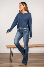Blu Pepper Color: Navy Blue Waffle Knit Round Neckline Button Up Long Sleeve 95% POLYESTER 5% SPANDEX Style #: CR1255-T Contact us for any additional measurements or sizing.