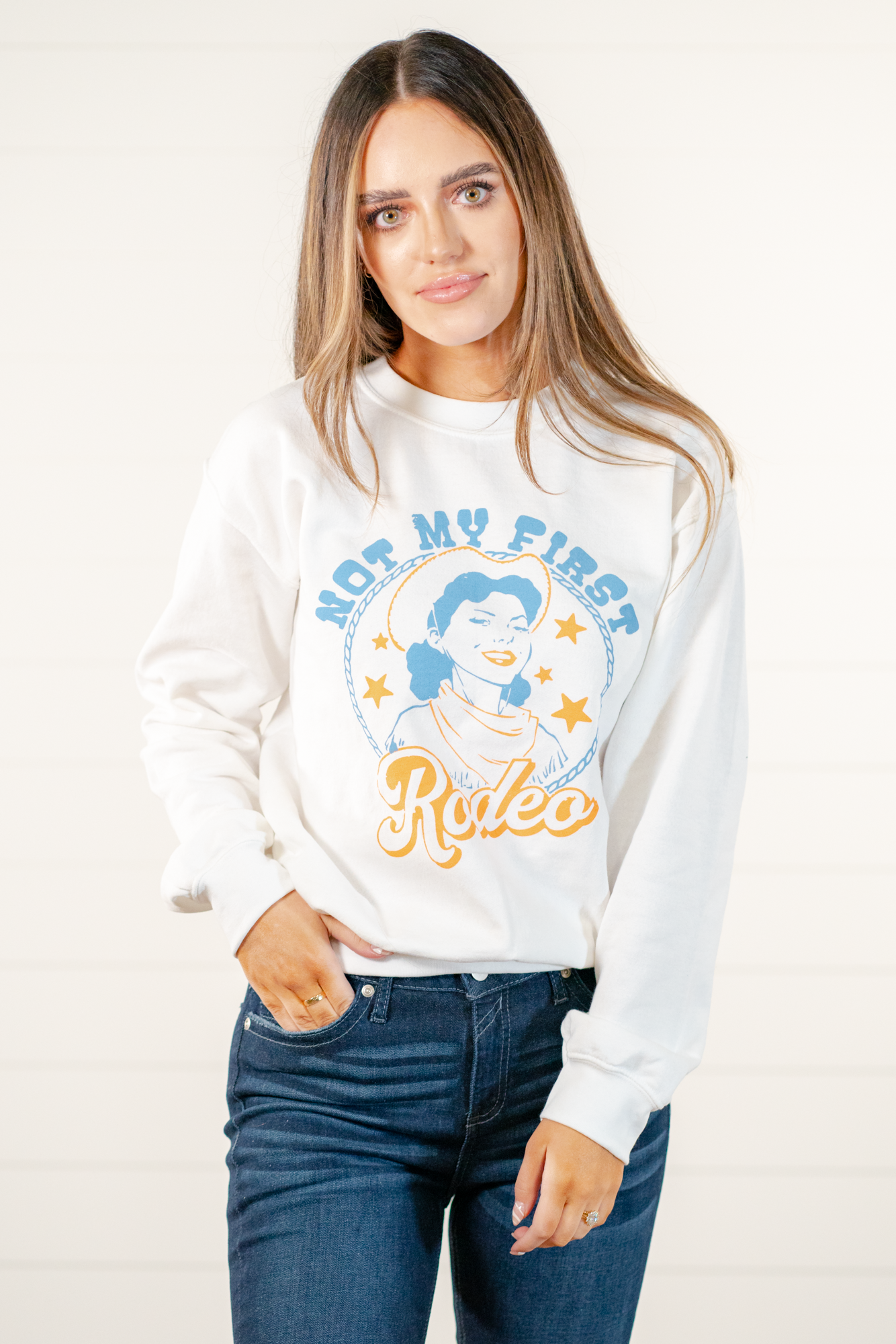 Not My First Rodeo!  Color: White Neckline: Round Sleeve: Long Sleeve Oversized Pull Over Style #: 5351-SS Contact us for any additional measurements or sizing.     