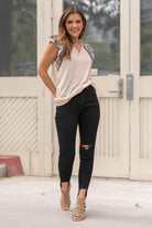 KanCan Jeans  Color: Black Cut: Ankle Skinny, 27.5" Inseam Rise: High-Rise, 9.5" Front Rise Material: COTTON 38% LY 31.2% POLYESTER 29% SPANDEX 1.2% Detail: Step-Hem and Distressed Ripped Legs Fly: Zipper Fly Style #: KC7283BK Contact us for any additional measurements or sizing.