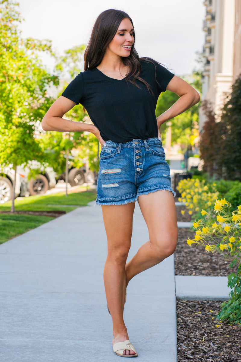 High Rise Boyfriend Shorts By Kan Can  Collection: Summer 2020 Boyfriend Shorts High Rise waist, 11" Front Rise Shorts, 3" Inseam Dark Wash Material: 100% COTTON  Stitching: Classic Fly: Exposed Button Fly Style #: KC7823D