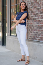 Kan Can Jeans  Collection: Summer 2020 Color: White Cut: Ankle Skinny, 27.5" Inseam Rise: High-Rise, 10" Front Rise Material: COTTON 94.8% POLYESTER 4% SPANDEX 1.2% Stitching: Classic Fly: Zipper with Double Button Style #: KC7317WT