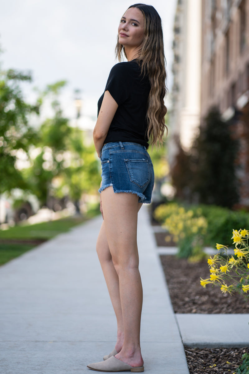 High Rise Shorts By Kan Can  Collection: Summer 2020 Frayed Hem Shorts High Rise, 9.5" Front Rise Shorts, 2" Inseam Dark Wash 97% COTTON / 1% T-400 (POLYESTER) / 2% LYCRA Stitching: Classic Fly: Zipper Style #: KC8576D