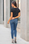 Hidden Jeans Collection: Fall 2020 Color: Medium Blue Cut: Skinny, 28" Inseam  Rise: High-Rise, 10.5" Front Rise 98% Cotton, 2% Spandex Machine Wash Separately In Cold Water Stitching: Classic Fly: Zipper Fly Style #: HD1187H Contact us for any additional measurements or sizing.  Chloe is 5’8" and 130 pounds. She wears a size 3 in jeans, a small top and 8.5 in shoes. She is wearing a 26/3 in these jeans.