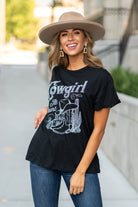 Zutter  This top spoke to you, now tell everyone else. You are a cowgirl at heart.  Collection: Fall 2020 Color: Black Neckline: Round Sleeve: Short Material: 50% Modal 50% Cotton Style #: F425-0139 Contact us for any additional measurements or sizing.  Taylor is 5'7" and wears a size 3 in jeans, small top and an 8.5 in shoes. She is wearing a size small in this tee.