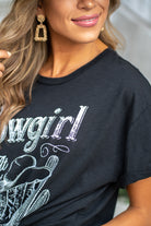 Zutter  This top spoke to you, now tell everyone else. You are a cowgirl at heart.  Collection: Fall 2020 Color: Black Neckline: Round Sleeve: Short Material: 50% Modal 50% Cotton Style #: F425-0139 Contact us for any additional measurements or sizing.  Taylor is 5'7" and wears a size 3 in jeans, small top and an 8.5 in shoes. She is wearing a size small in this tee.