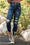 Kan Can Jeans Collection: Fall 2020 Color: Dark Wash Cut: Ankle Skinny, 27" Inseam  Rise: High Rise, 9.5" Front Rise 93% COTTON 6% POLYESTER 1% SPANDEX Stitching: Classic Fly: Exposed Button Fly Style #: KC9129D Contact us for any additional measurements or sizing.  Chloe is 5’8" and 130 pounds. She wears a size 26 in jeans, a small top and 8.5 in shoes. She is wearing a 26/3 in these jeans.